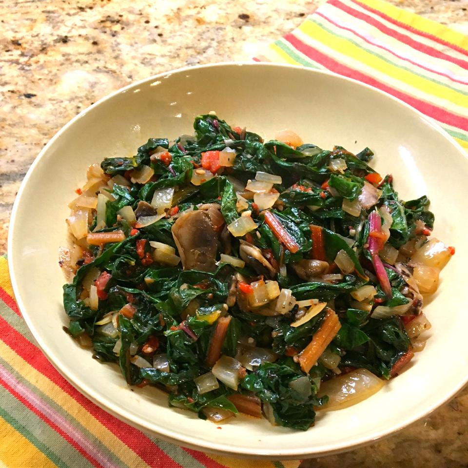 Sauteed Swiss Chard with Mushrooms and Roasted Red Peppers