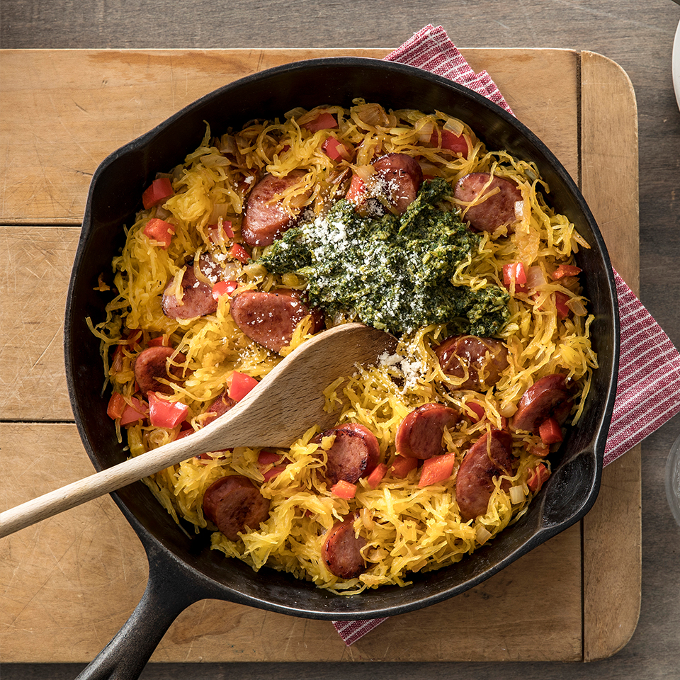 Pesto Spaghetti Squash Skillet with Hillshire Farm® Smoked Sausage