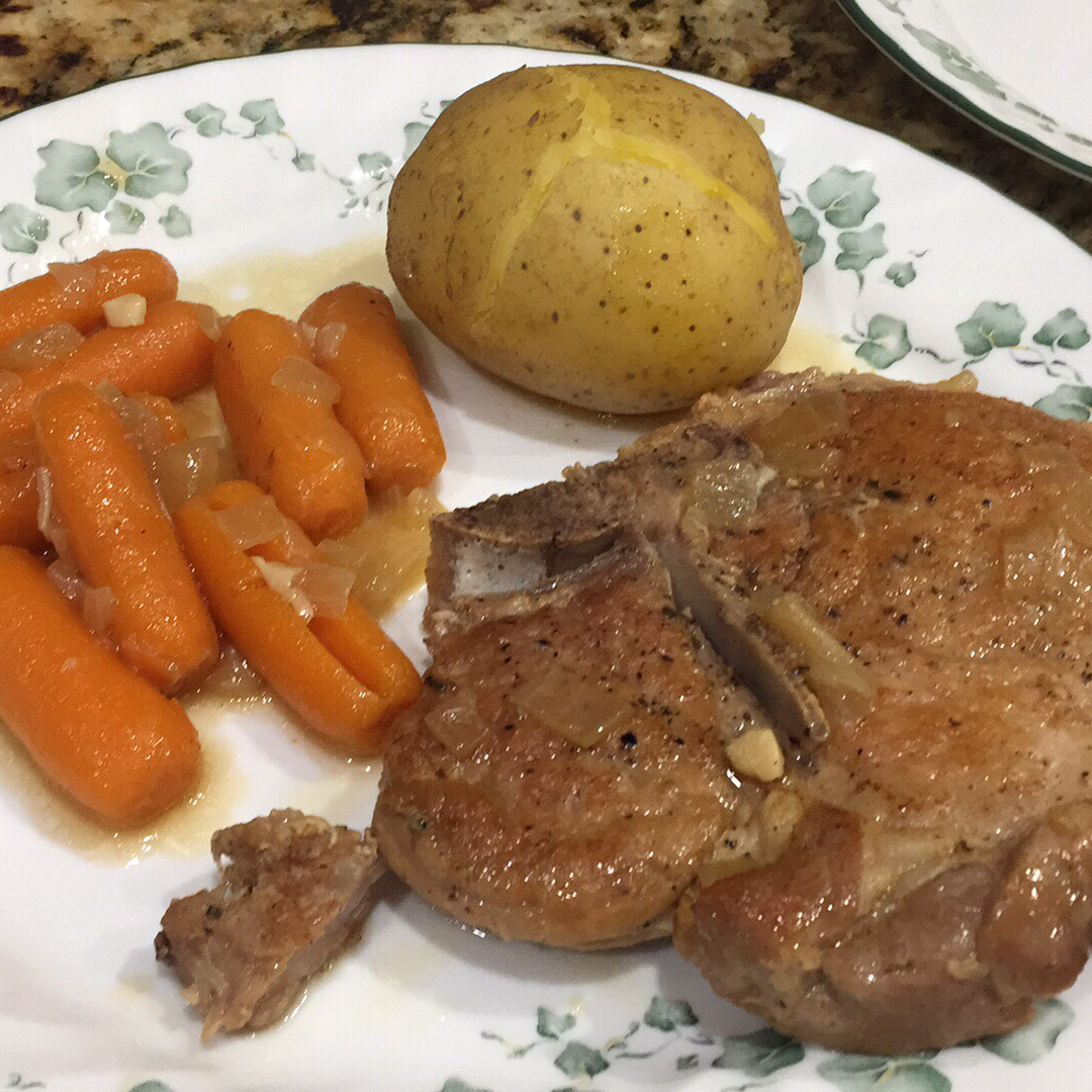 Pressure Cooker Bone-In Pork Chops, Baked Potatoes, and Carrots