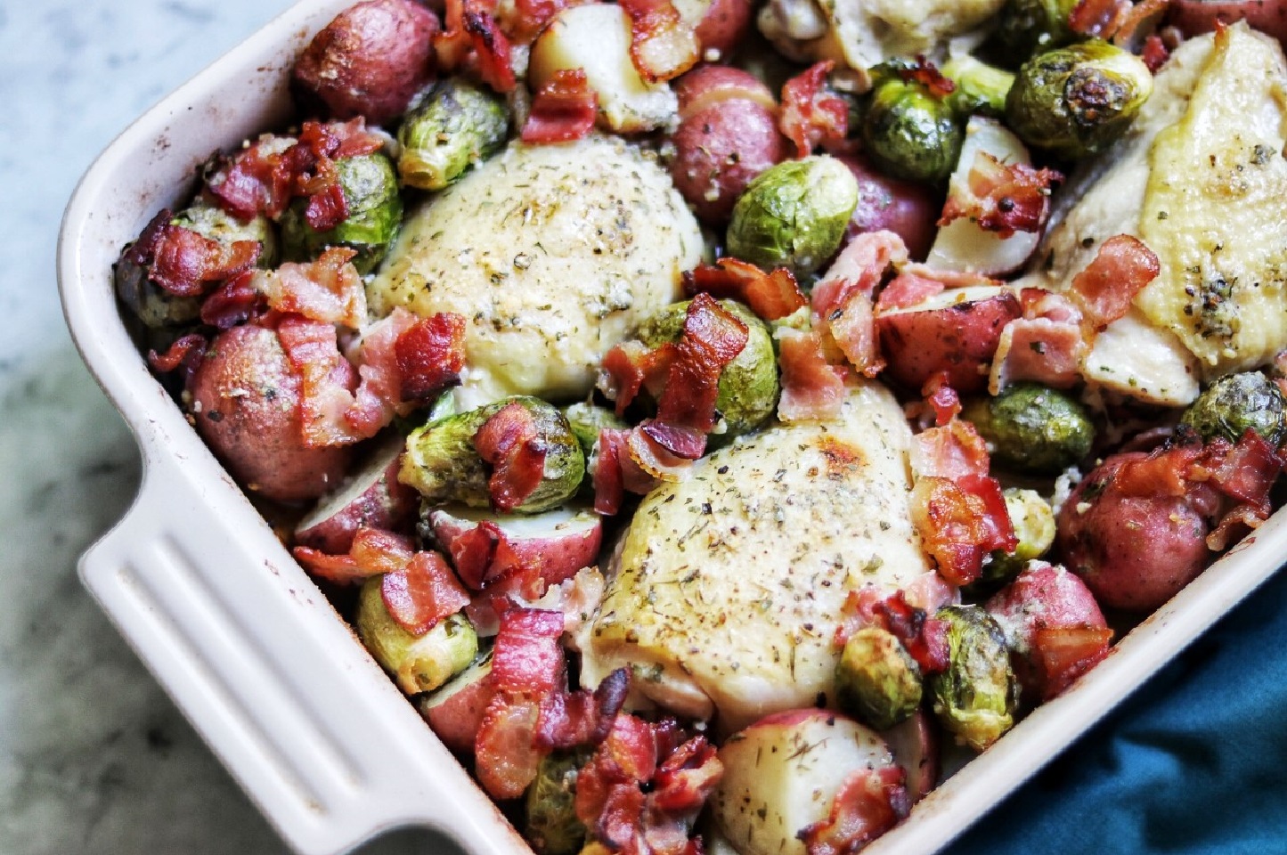 Ranch-Baked Chicken Thighs with Bacon, Brussels Sprouts, and Potatoes