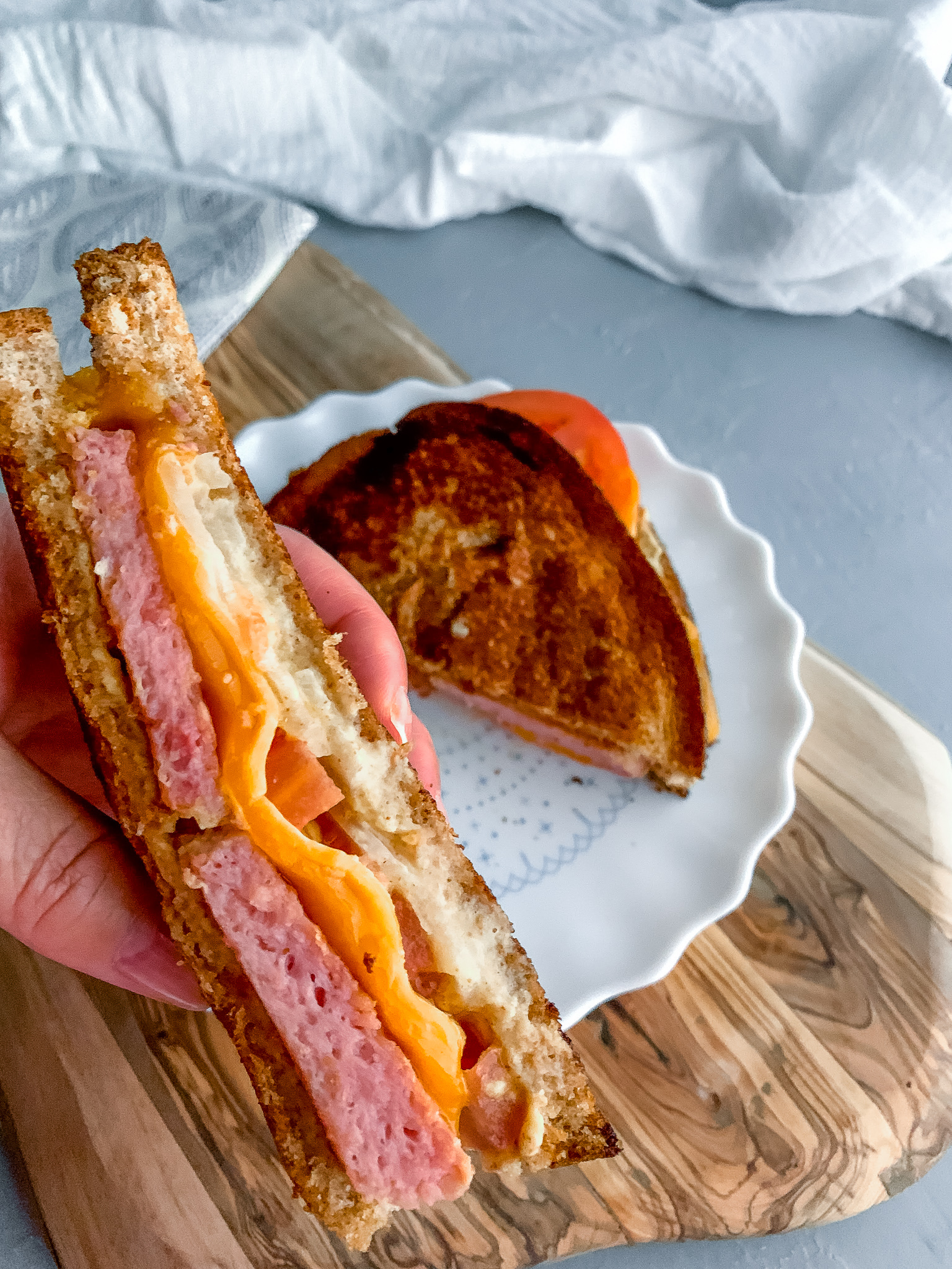 Grilled SPAM®, Tomato, Cheddar Cheese, and Sweet Onion Sandwiches
