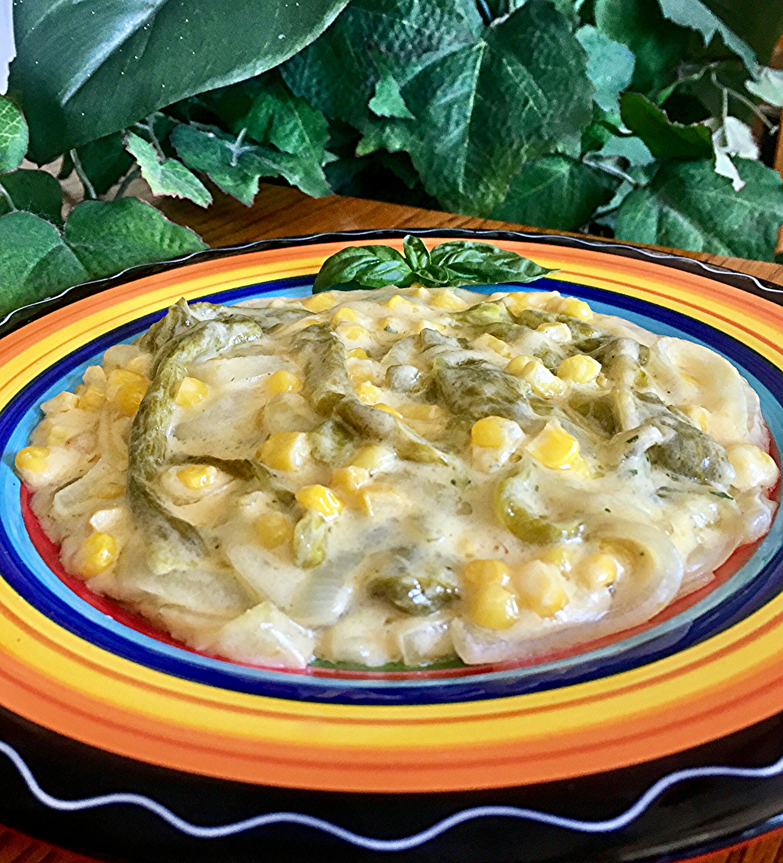 Rajas con Crema, Elote, y Queso (Creamy Poblano Peppers and Sweet Corn)