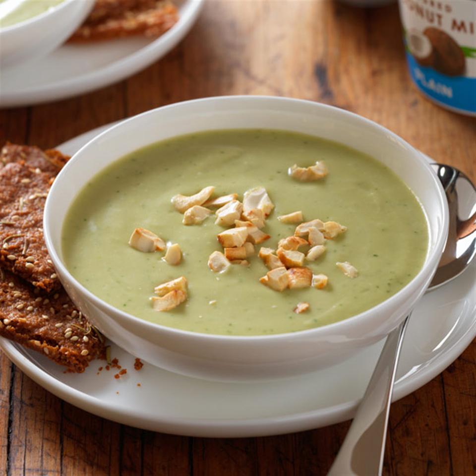 Roasted Garlic Avocado Soup with Herbed Yogurt Crackers